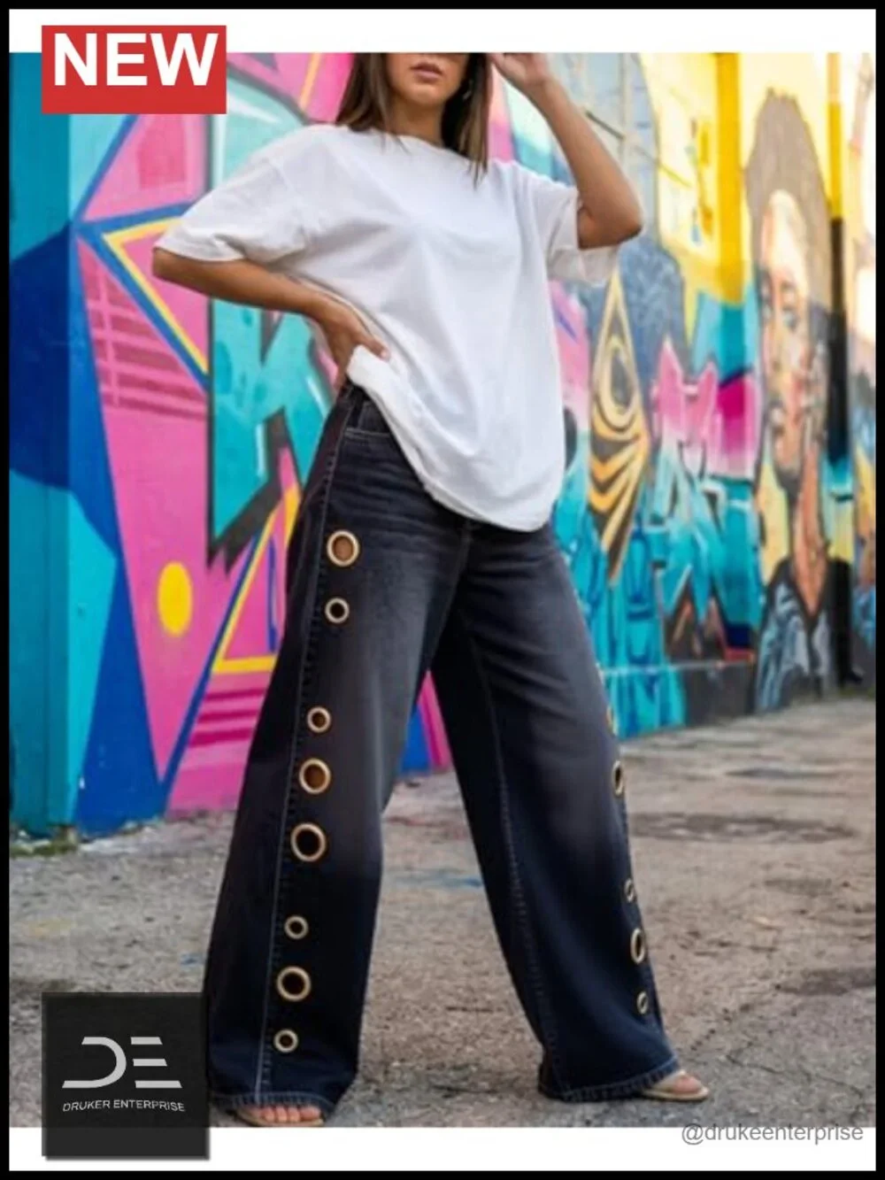 High Waisted Wide Leg Jeans with Grommet Eyelets Baggy Y2K Denim Pants